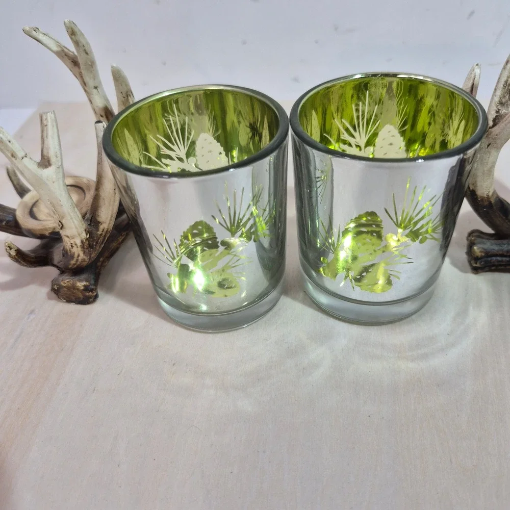 Rustic Faux Antler Votive Candle Holder Set 2 Mercury Glass Green Silver